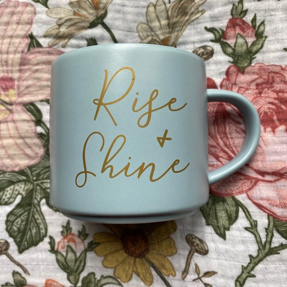 Threshold Ceramic Baby Blue Ceramic Mug with Gold Text (Rise & Shine)